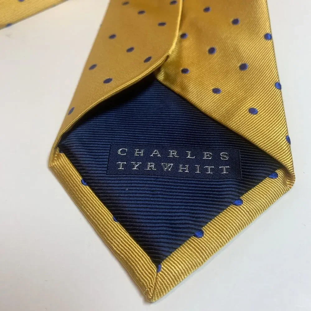 Charles Tyrwhitt 100% Silk Tie Necktie Yellow Blue Polka Dot Designer 58”